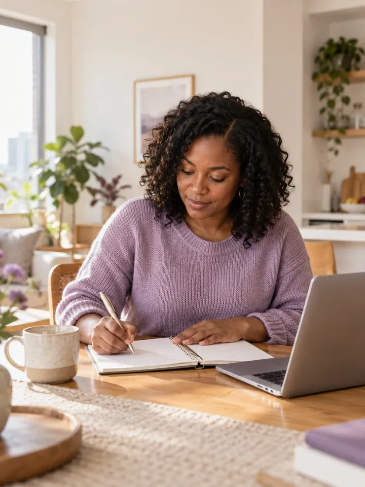 A woman planning her budget at home with a notebook and laptop